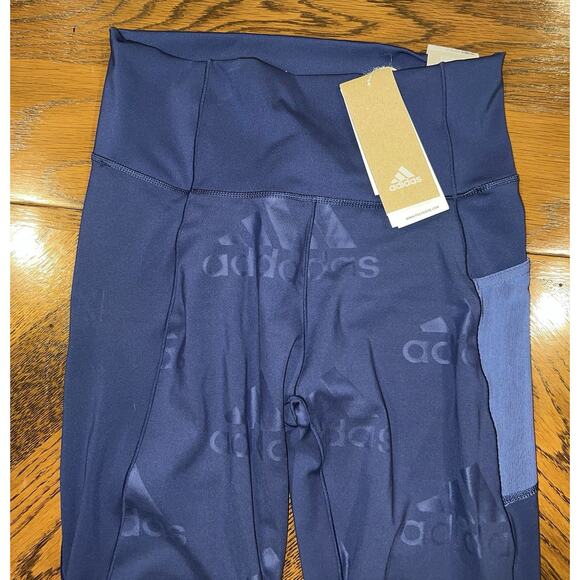 💙NEW Adidas Women’s 7/8 High Rise Tight Leggings Blue Logo Print Medium M NWT - Picture 8 of 10